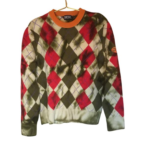 Diesel K-airo Mens Argyle Crew Neck Sweater M Tie Dye